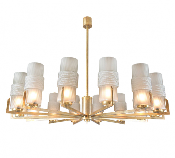 Murano Textured Glass Shades and Brass Chandelier 2