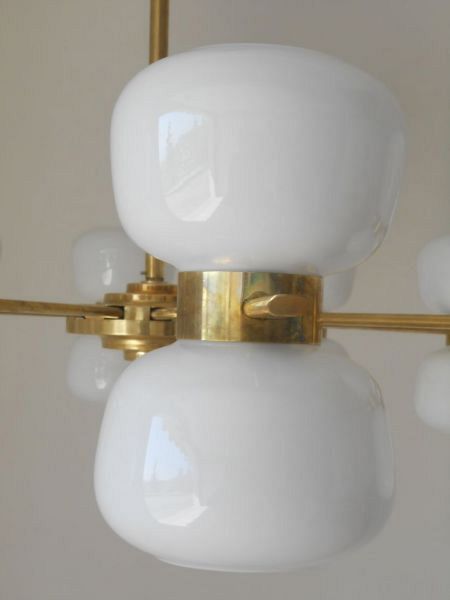 Murano Double White Glass Shades and Brass Chandelier 1
