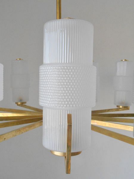 Murano Textured Glass Shades and Brass Chandelier 1